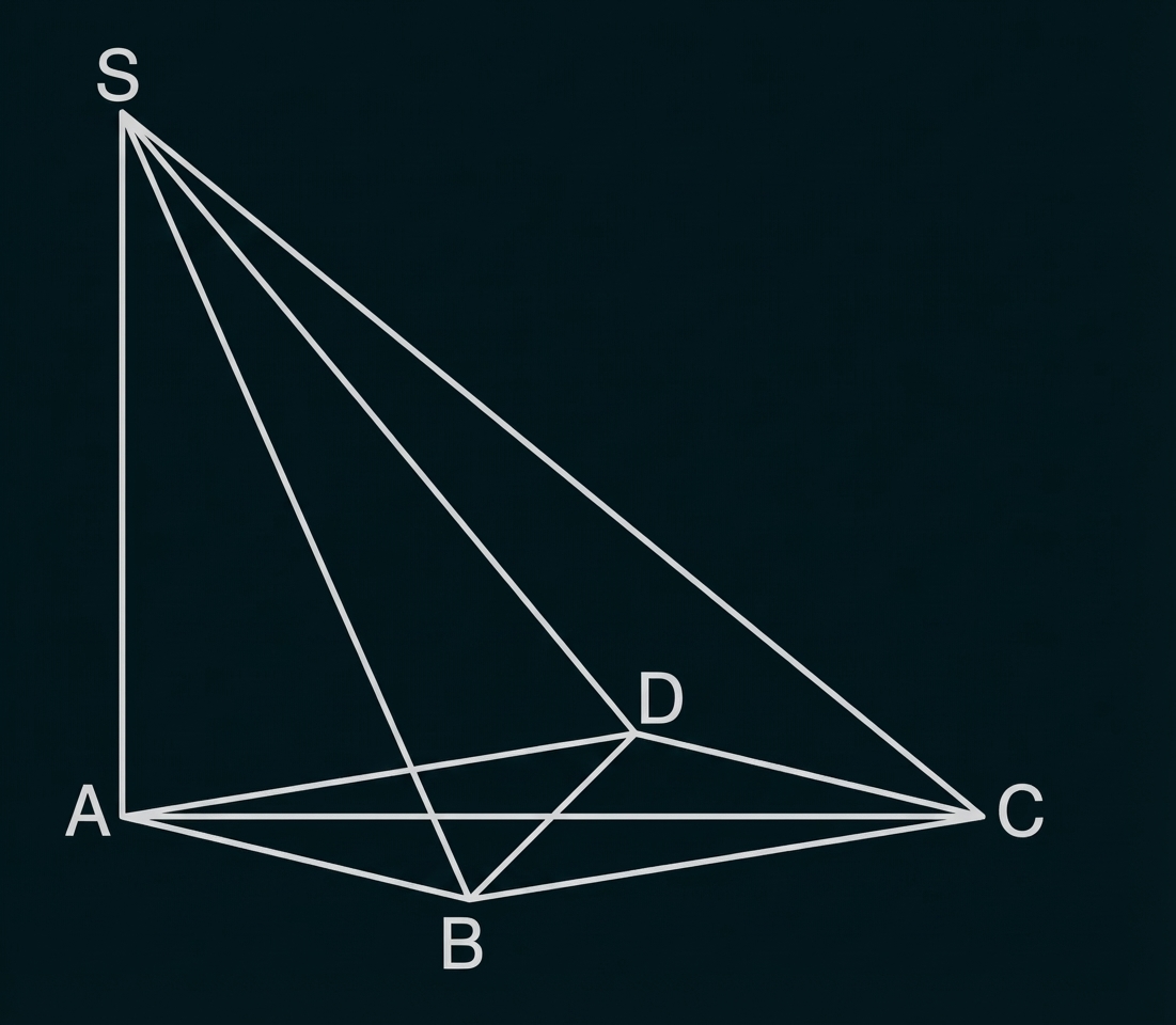 Geometrische Skizze: Basis A-B-C, Spitze S links oben, innerer Punkt D, mehrere verbindende Linien.